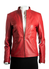 Ladies Red Plain Short Zipped Leather Jacket: Angelina